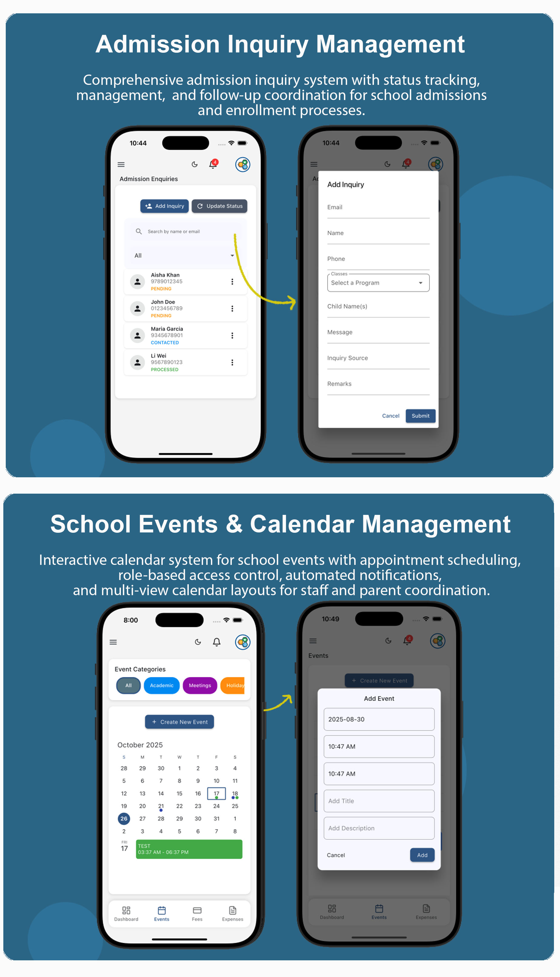 Admission enquiries and school events calendar